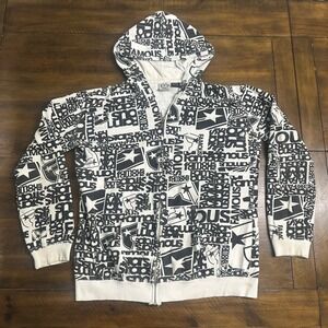Famous Stars and Straps Mens XL All Over Print Full Zip Hoodie White Black Logo